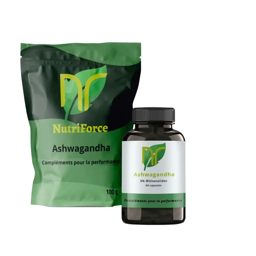 photo d'un sachet et une boite de gélules et poudre d'ashwagandha naturel pour le stress, l'anxiété et la musculation. L'ashwagandha booste également la testostérone