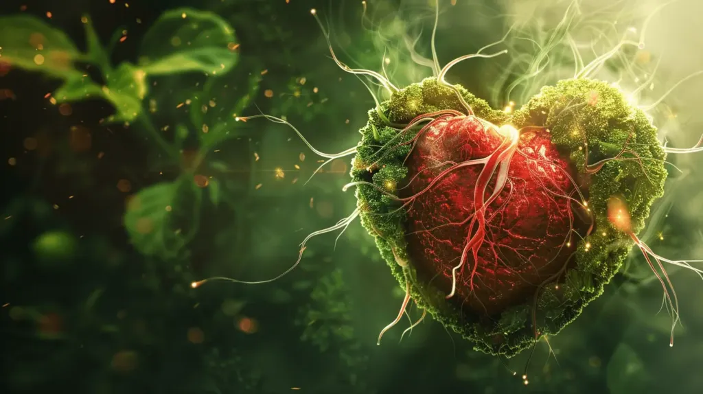 Cette photo illustre les bienfaits de l'épicatéchine sur la santé, on y voit un coeur avec des feuilles.