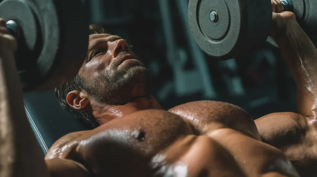 un homme fait du developpé couché haltères, il a consommé du tongkat ali pour augmenter ses performances