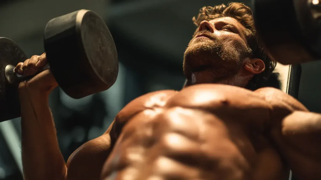 Homme qui fait du développé couché et a pris en masse musculaire grâce à la whey et créatine du pack étudiant nutriforce