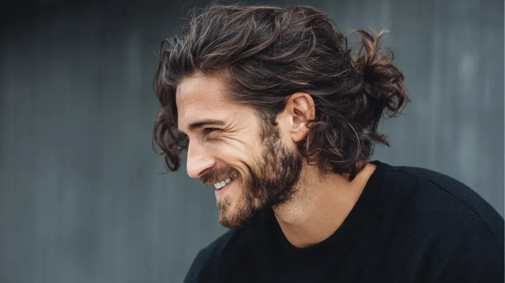 un homme à de beaux cheveux grasse au shilajit 