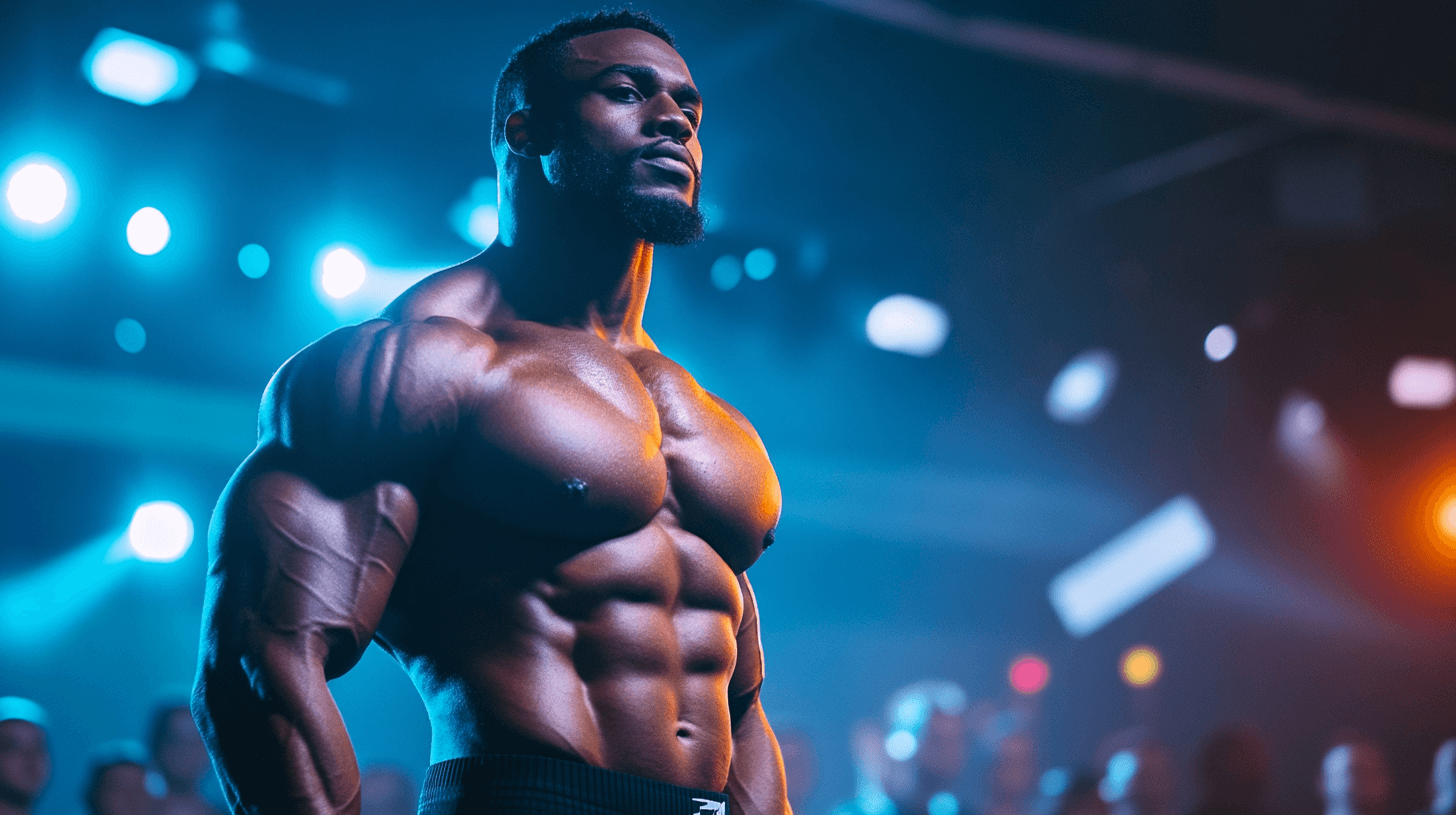 la turkesterone est capable d'agir comme la testostérone en stimulant la croissance musculaire comme on le voit avec cet homme musclé qui montre son corps sur scène