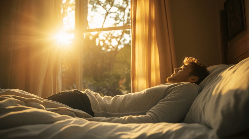 Un homme sur son lit entrain de dormir avec le soleil qui se lève de sa fenêtre