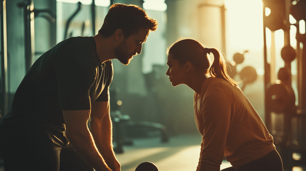 Un homme et une femme à la salle de sport face à face les visages proches