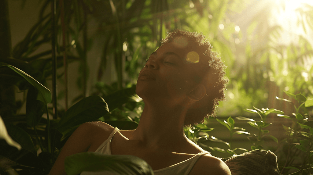 photo d'une femme très calme et apaisée après avoir consommé de la L théanine