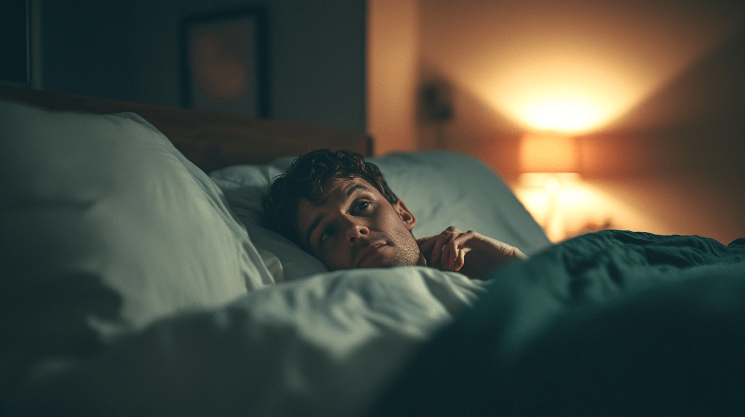 Le lycopène favorise la testotèrone et la fertilité comme on le voit sur la photo d'un homme dans son lit qui pense à ces problèmatiques la