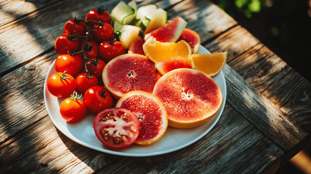 Le lycopène est principalement présent dans les tomtes, le pamplemousse et la pastèque comme on le voit dans cette assiette de fruit posé sur une table en bois