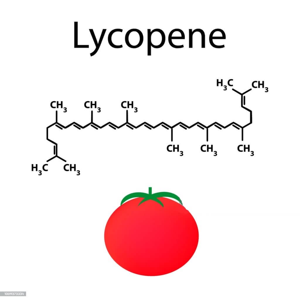 Dessin de la formule du lycopene et d'une tomate pour montrer ses bienfaits et dangers ainsi que les effets secondaires sur la santé de l'aliment