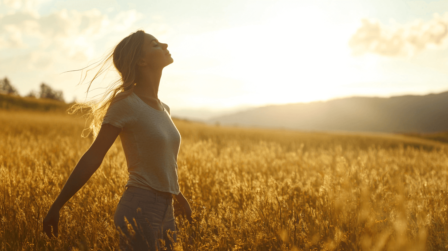 Le pollen de pin à pleins de bienfaits pour la santé et l'énergie comme on le voit sur cette image d'une femme dans un champ en pleine forme