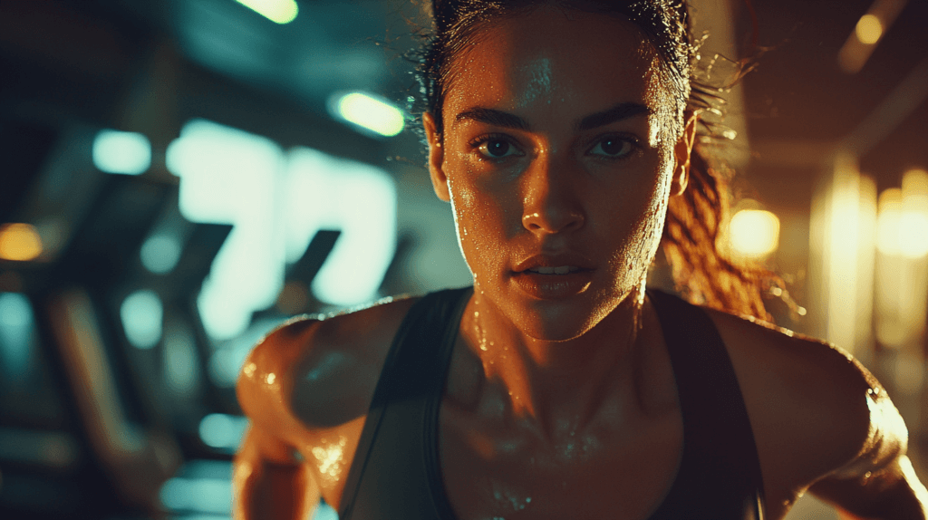 Une femme en gros plan sur son visage à la salle de sport qui transpire. L'image montre que la tyrosine améliore les performances physique