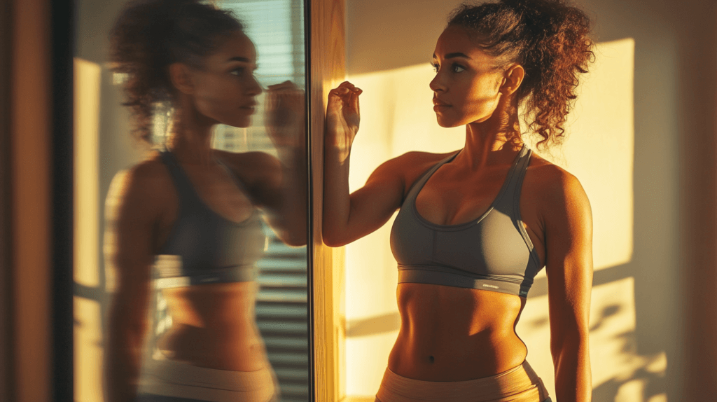 Une femme devant son miroir musclé mais avec un peu de graisse. Prendre du Coenzyme Q10 peut l'aider à perdre du poids 