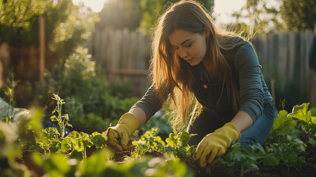 Une femme dans son jardin avec des gants qui cultive de l'alfalfa car cette plante à de nombreux bienfaits pour combattre la fatigue par exemple 