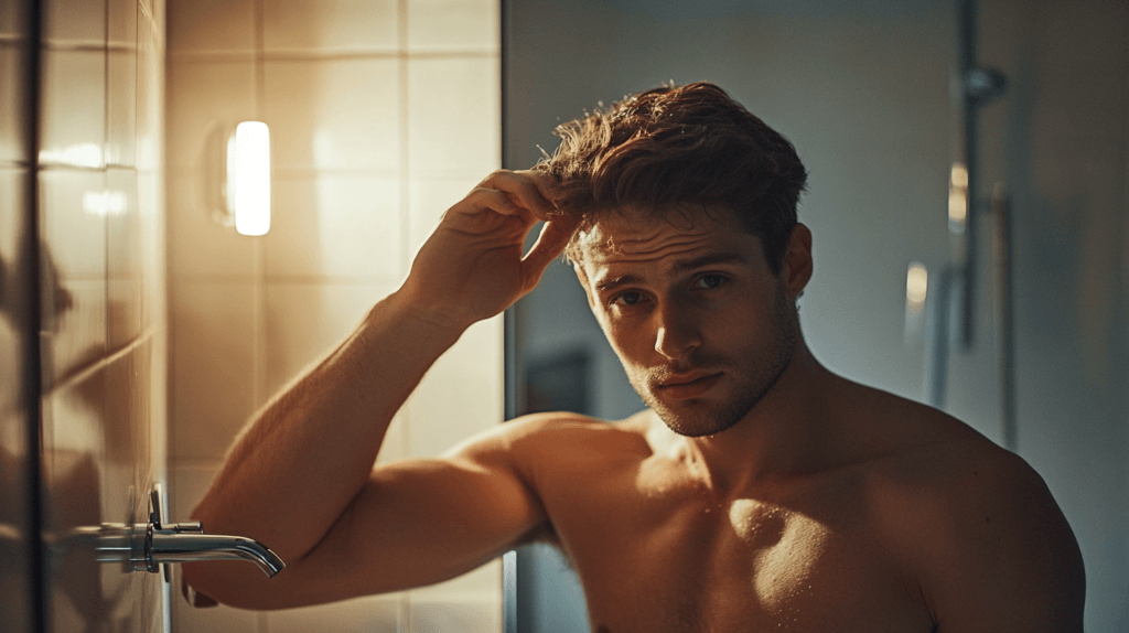 Un jeune homme qui se regarde dans le miroir et se touche les cheveux, il à l'air penseur