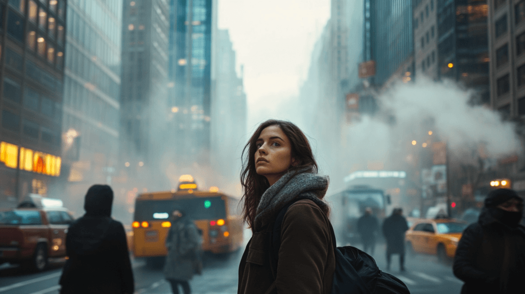 Une femme en pleine ville, elle est au milieu de beaucoup de pollution. L'astaxanthine est efficace pour protéger la peau
