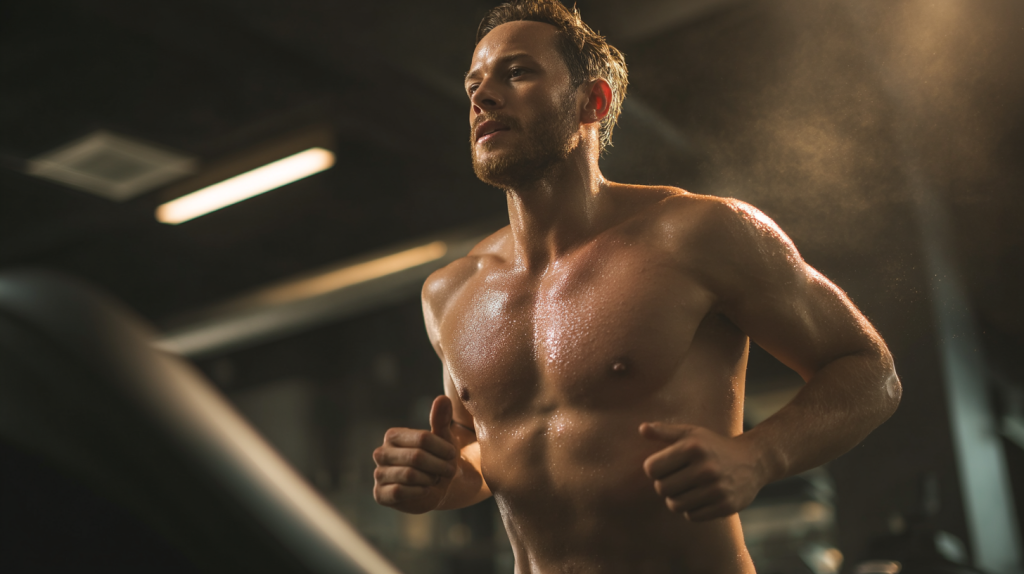 un homme fais du running sur un tapis et consomme du pollen de pin pour avoir plus d'énergie