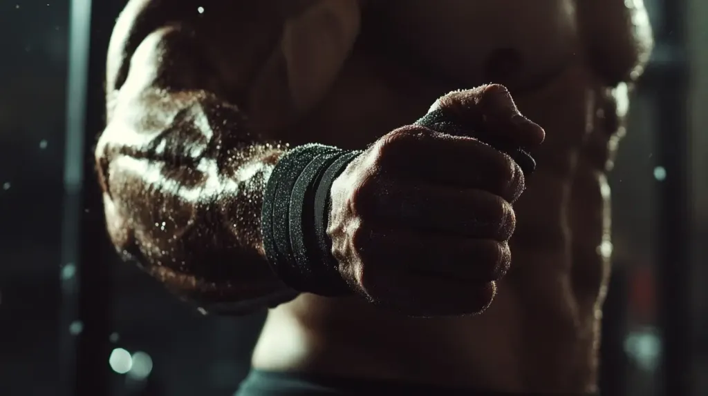 On voit un homme qui se muscle et est aidé par le pollen de pin pour la force, la prise de muscle et la récupération