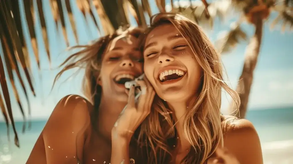 photo de deux femmes blondes qui prennent des compléments alimetnaires car elles ont la peau claire et veulent un effet autobronzant pour bronzer plus vite