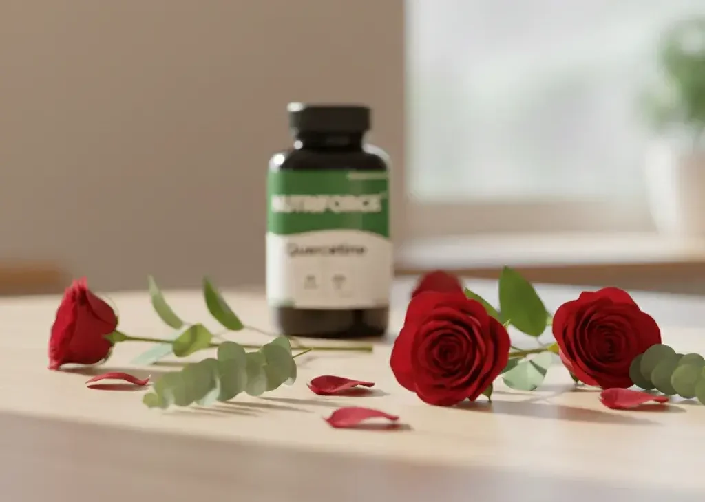 quercétine posé sur une table avec des fleurs 