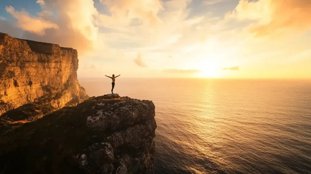 sur cette image, on voit une femme profiter des bienfaits du champignon sur une montagne
