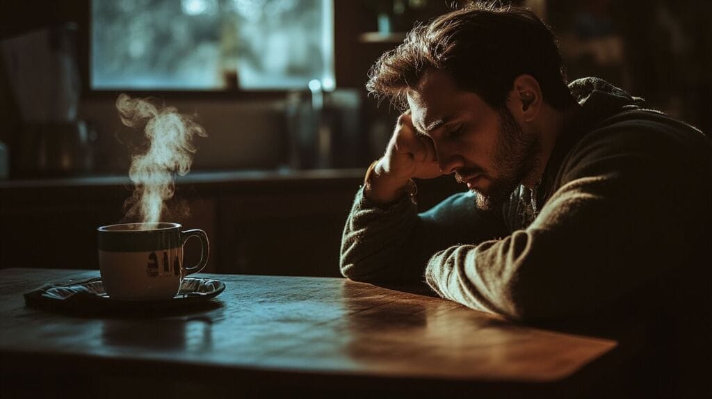 Un homme fatigué au réveil. Il a un métabolisme lent