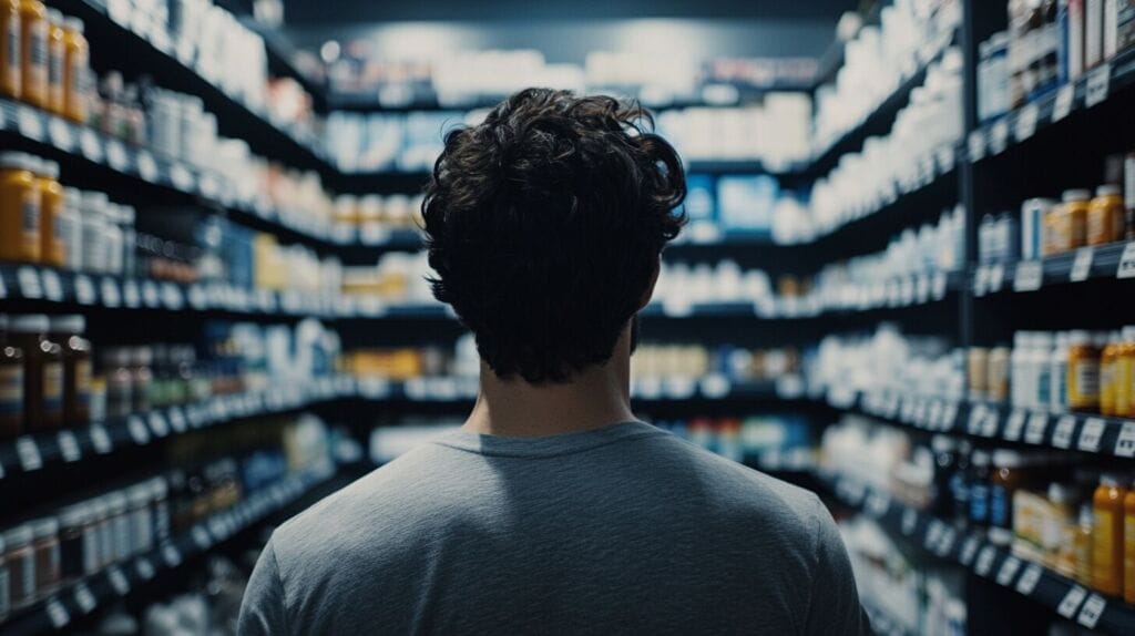 Un homme de dos dans une boutique de compléments alimentaire. Il cherche des aphrodisiaques naturels pour augmenter sa libido 