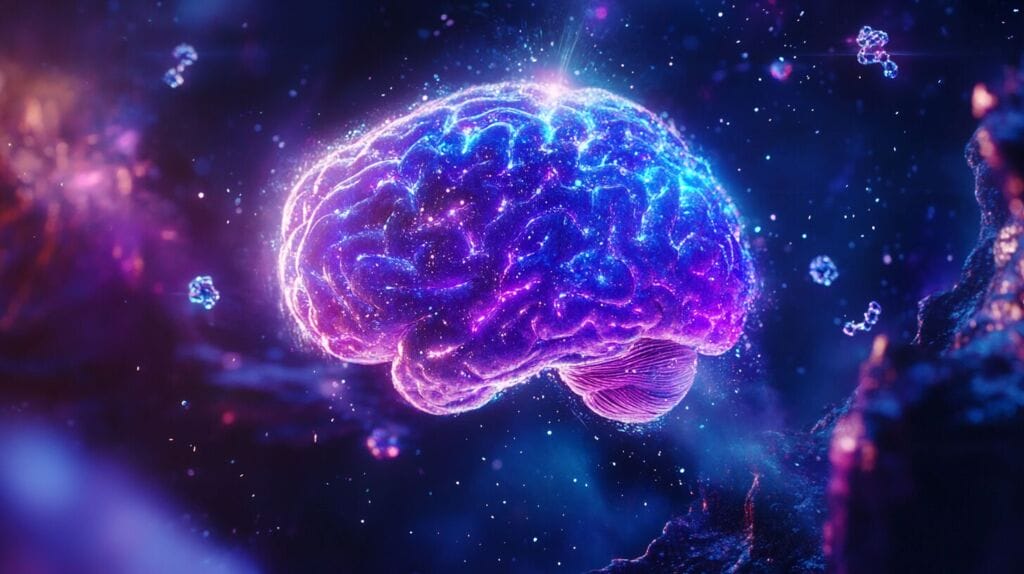Image d'un cerveau humain brillant avec des petites molécules brillantes qui volent autour. Il montre un cerveau qui a consommé de l'alpha gpc