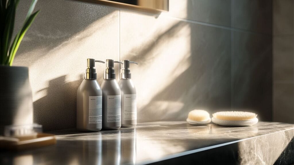 Shampoing doux bon pour la perte de cheveux posé dans la salle de bain.