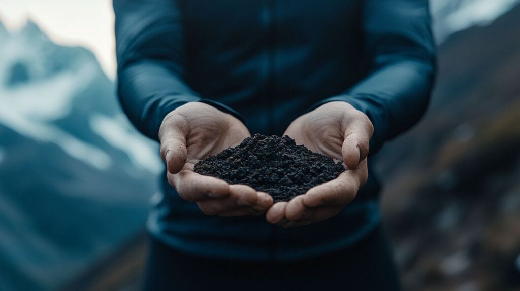 Un homme qui tient du shilajit dans ses mains pour améliorer sa force. 