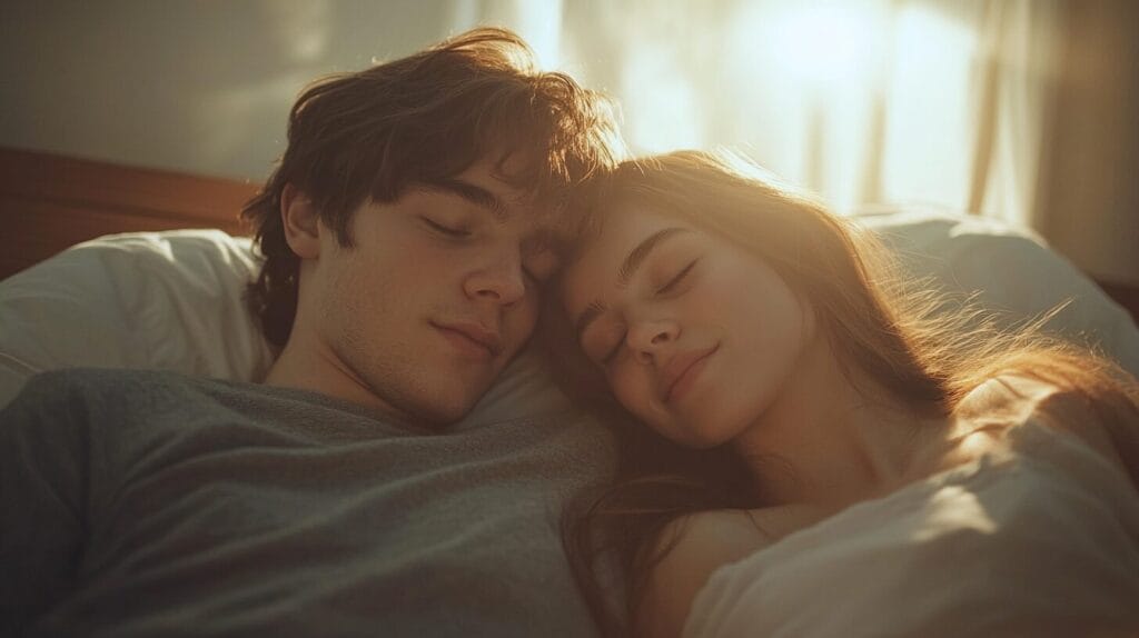 Un homme et une femme allongé sur lit. Ils ont passé une bonne nuit de sommeil