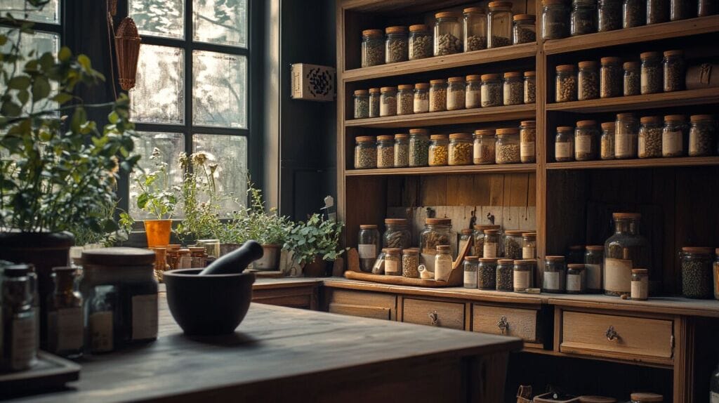 Cabinet de médecine traditionnelle avec des compléments alimentaires naturels 