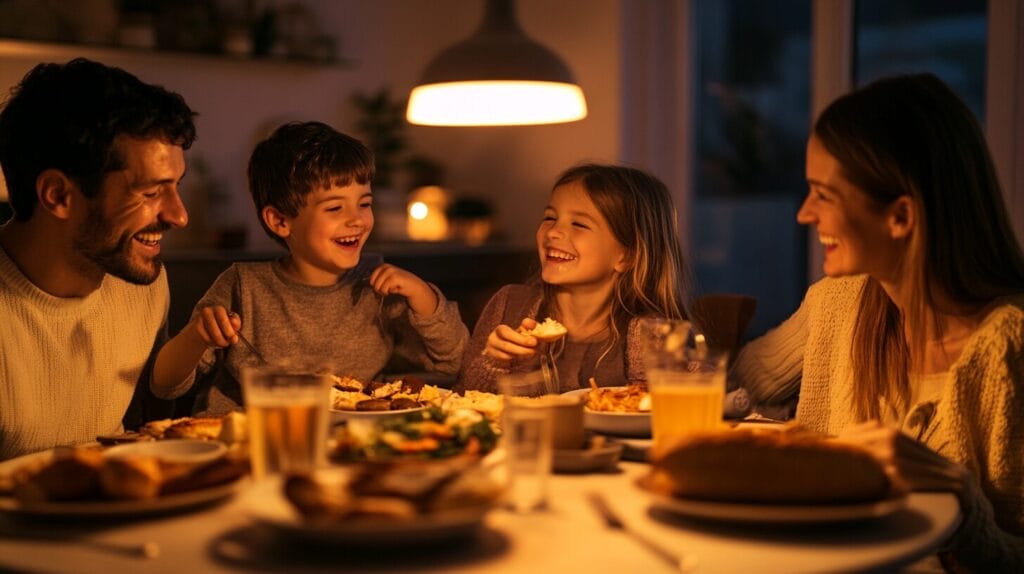 Une famille de 4 autour d'une table entrain de discuter et manger 