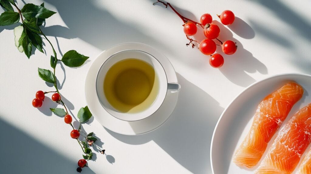 Table avec du saumon, du thé vert et du guarana pour augmenter son métabolisme