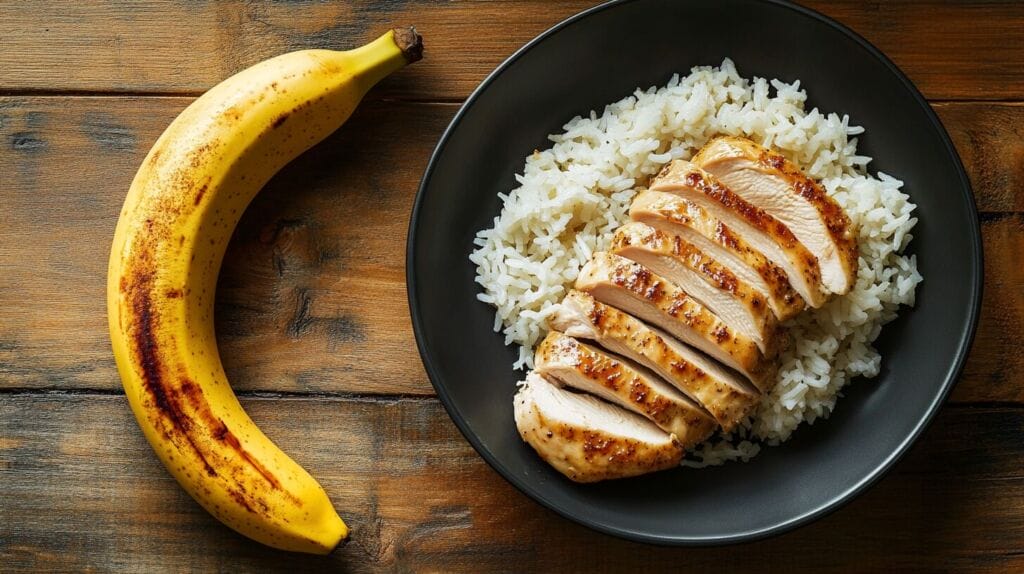 Assiette d'un sportif sur la table avec du blanc de poulet du riz et une banane