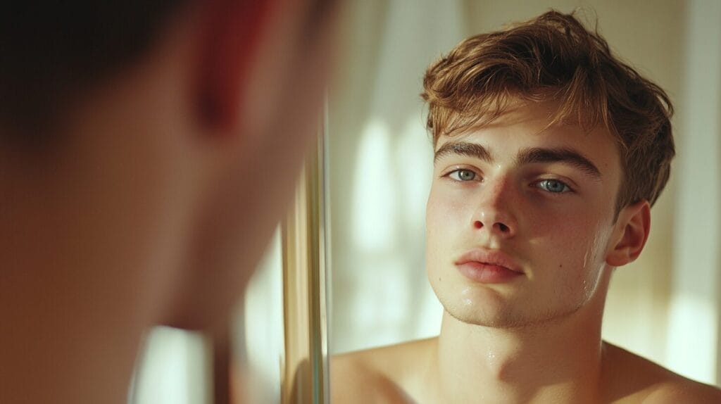 Un beau jeune homme avec une belle peau et des beau cheveux se regarde dans le miroir. Il a le visage frais car il a passé une bonne nuit de sommeil 