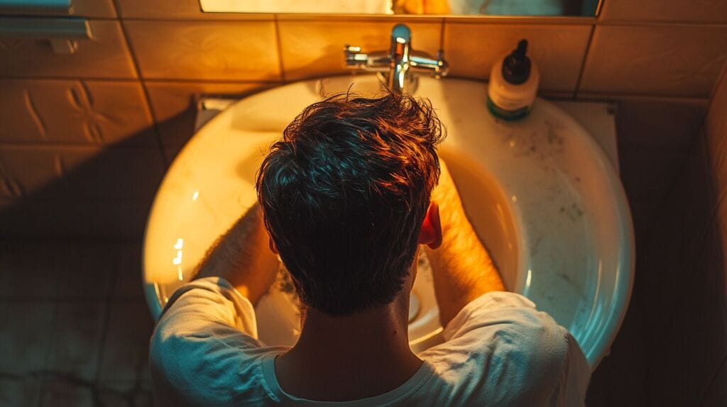 Homme devant son lavabo dans sa salle de bain. Il perd ses cheveux 