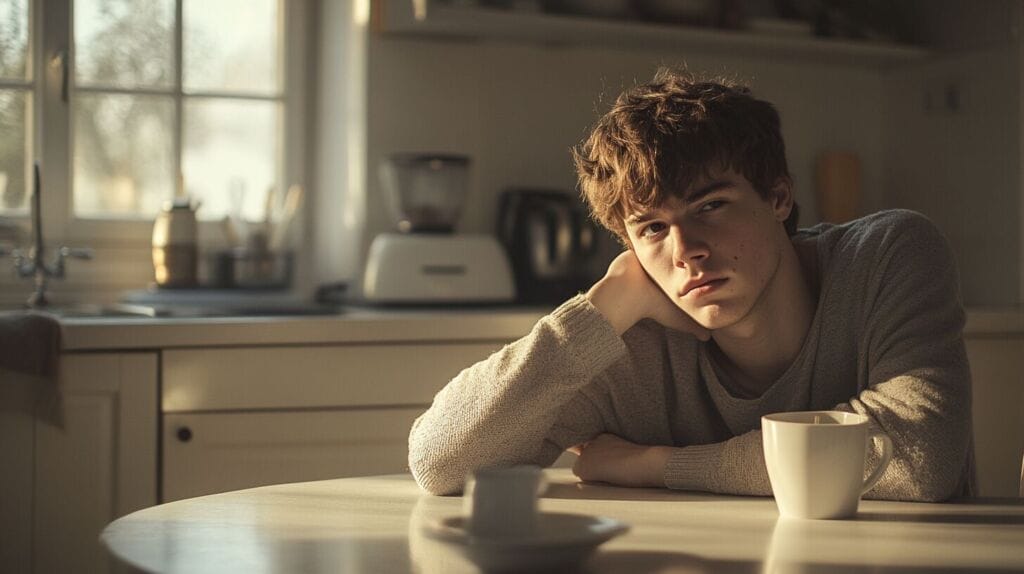 Un homme assis devant sa table entrain de boire son café.