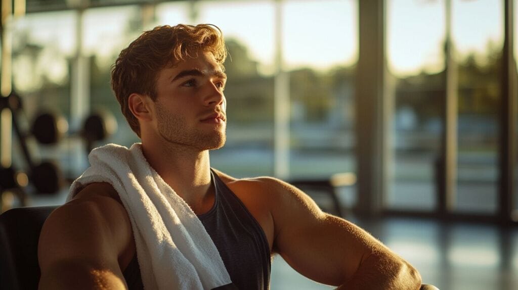 Un sportif en préparation physique. Il se repose sur un banc à la salle de sport 