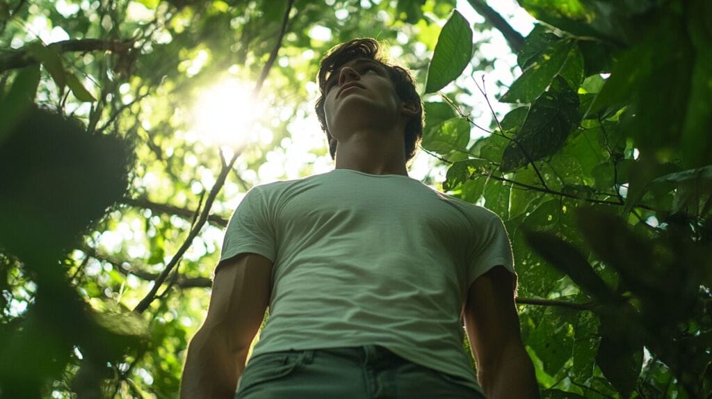 Un homme dans une foret qui recherche comment augmenter sa libido grâce aux plantes 