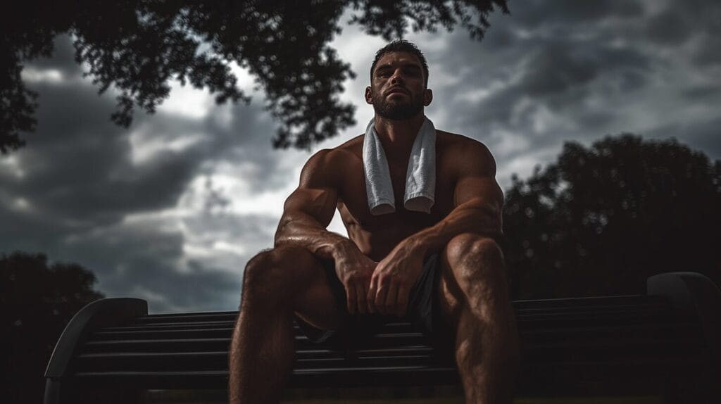 Un homme qui se repose sur un banc dehors après une séance de musculation. Il a pris du Yohimbe pour améliorer sa sèche.