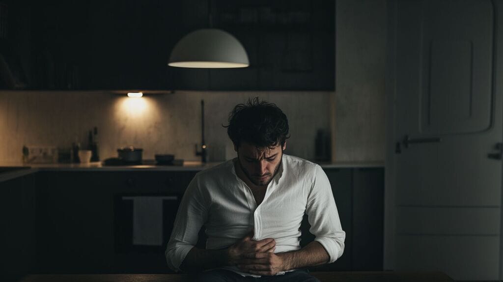 Un homme assis qui a mal au ventre à cause de sa mauvaise digestion