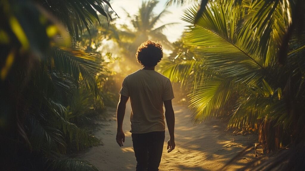 Un homme au milieu de palmier. Il recherche du saw palmetto bon pour ses cheveux 