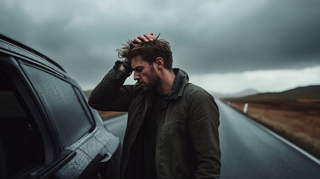 Un homme devant sa voiture qui à l'air stressé. Cela cause sa chute de cheveux 