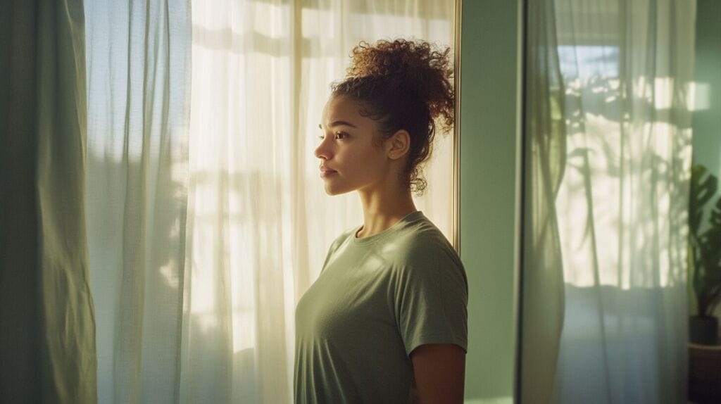 Une femme pensante qui regarde la fenêtre. Ella a envie de perdre du poids
