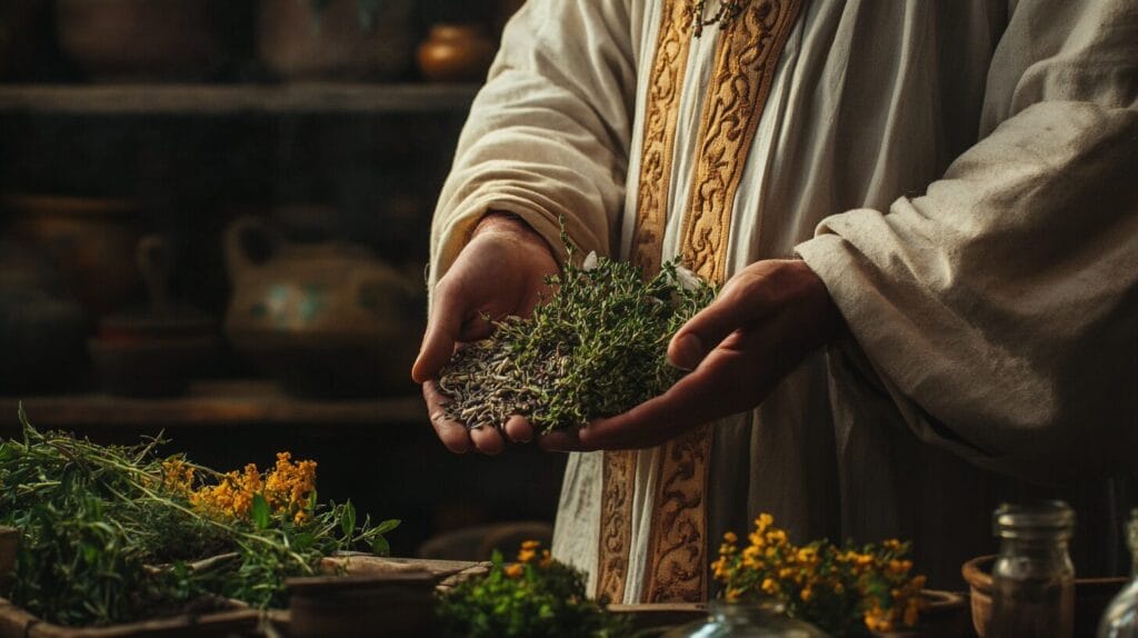 Un medecin ancéstrale qui montre dans ses mains des plantes qui favorise le sommeil 
