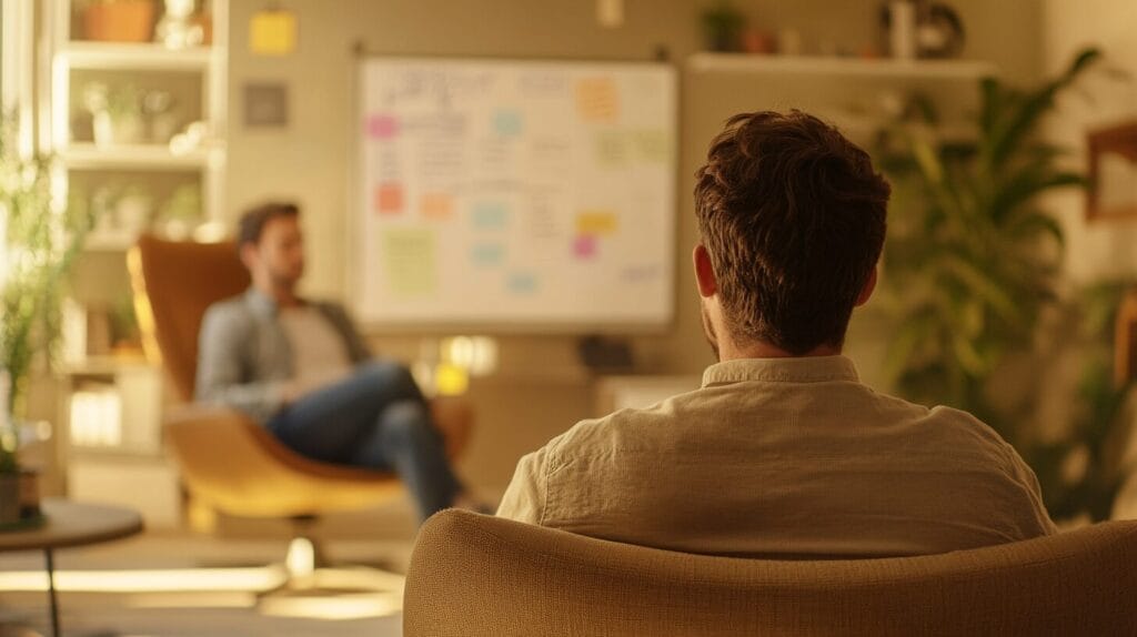 Un psy et son patient dans une salle entrain de faire une tcc pour le sommeil 