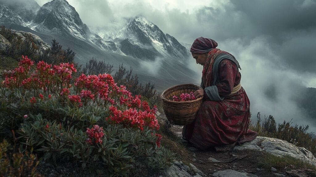 Une femme dans les montagnes qui ramasse de la rhodiola rosea pour lutter contre la fatigue.