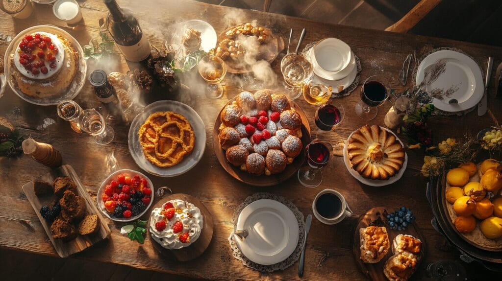 Une table remplit de sucrerie et d'alcool, des aliments qui empêchent de dormir 