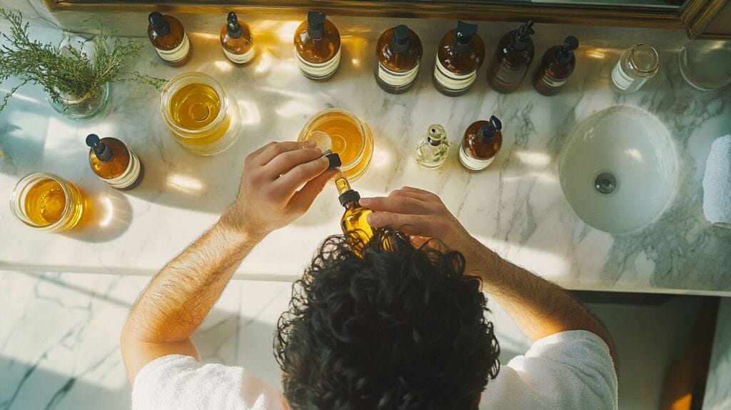 Un homme dans sa salle de bain qui prépare des huiles végétale. Il fait un bain d'huile pour ralentir la perte de ses cheveux 