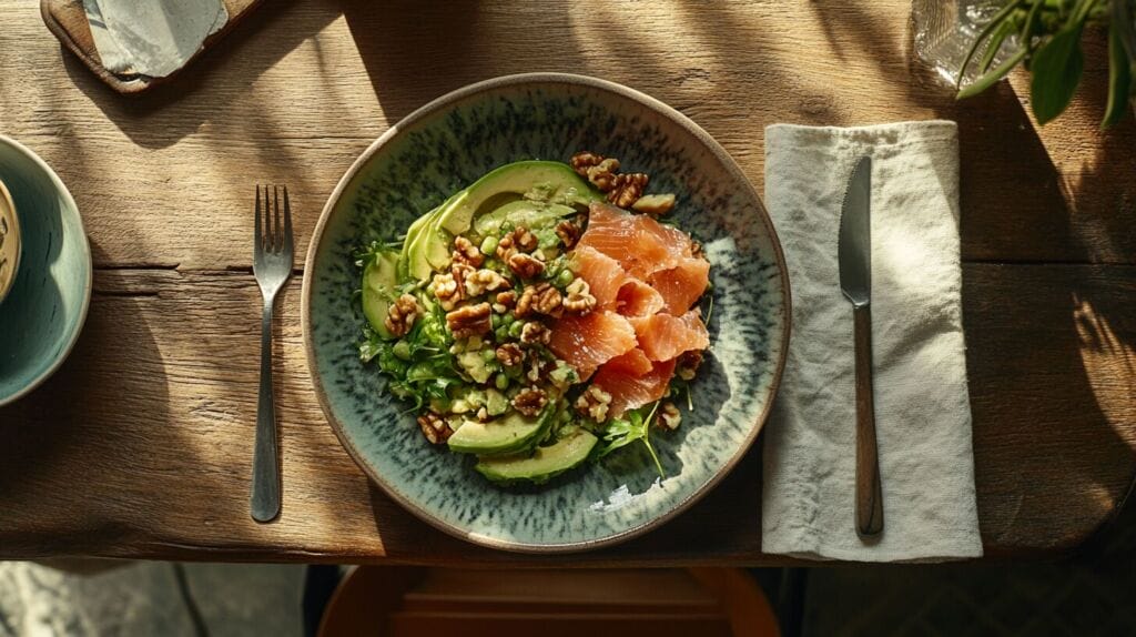 Salade posé sur une table. Elle contient des aliments efficaces contre la perte de cheveux : du saumon de l'avocat et des noix