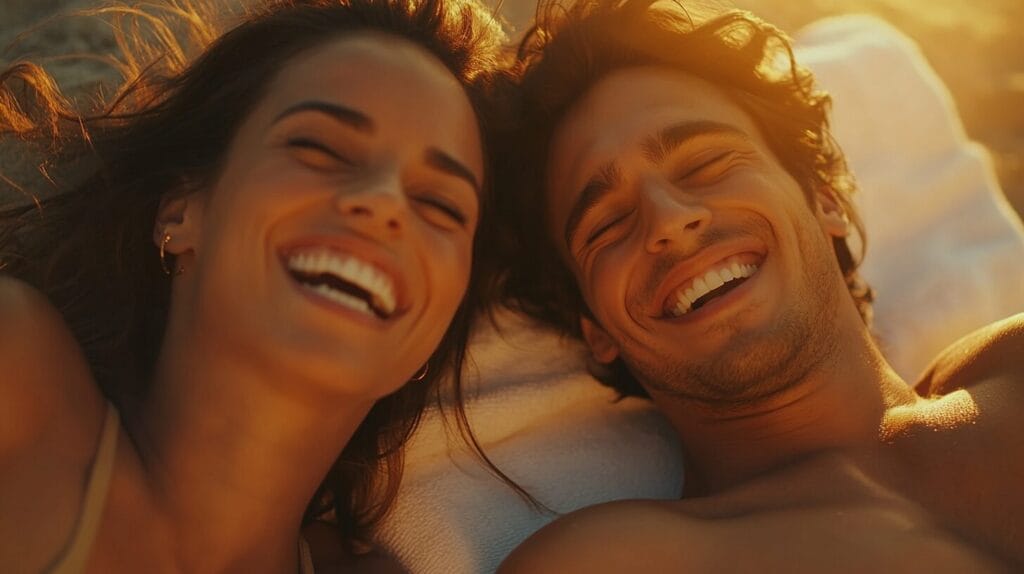 Un homme et une femme allongé entrain de rigoler, leur stress est réduit grâce au pack bien-être de chez nutriforce